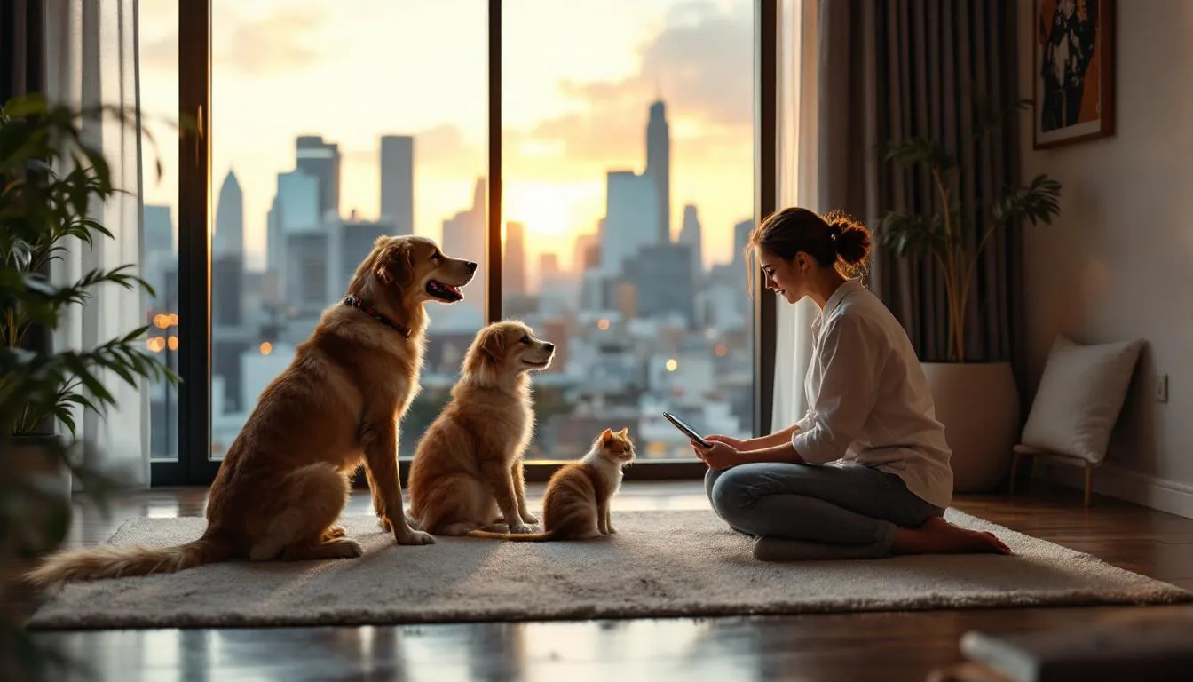 Tutora em casa com cães e gato em apartamento de São Paulo ao entardecer