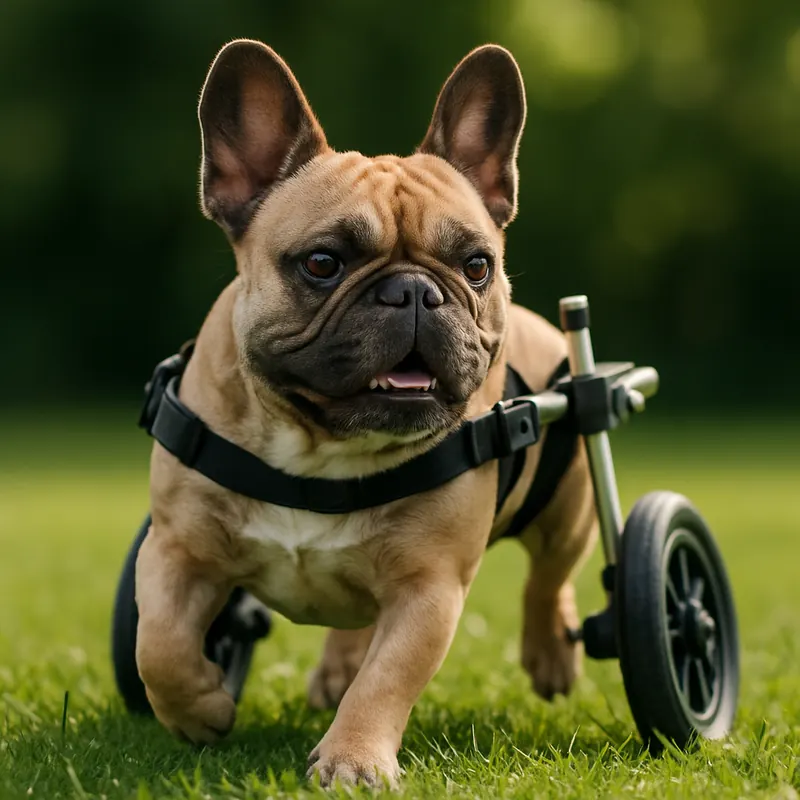 Buldogue francês usando cadeira de rodas adaptada